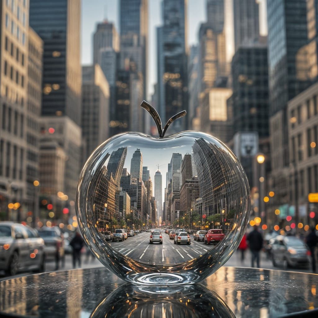 Glass Apple Sculpture Reflecting New York City