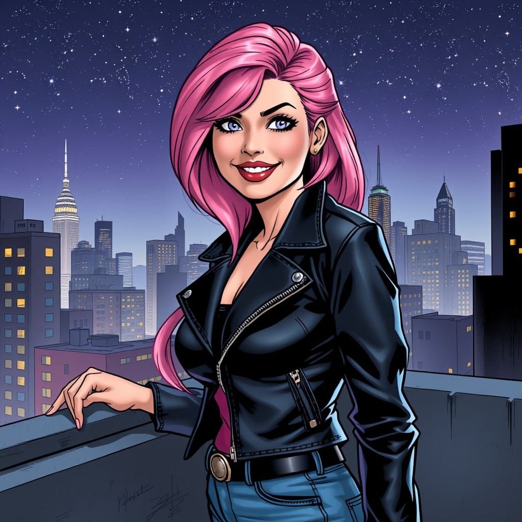 Pink Haired Woman Smiles Under City Stars in Comic Book Styl...
