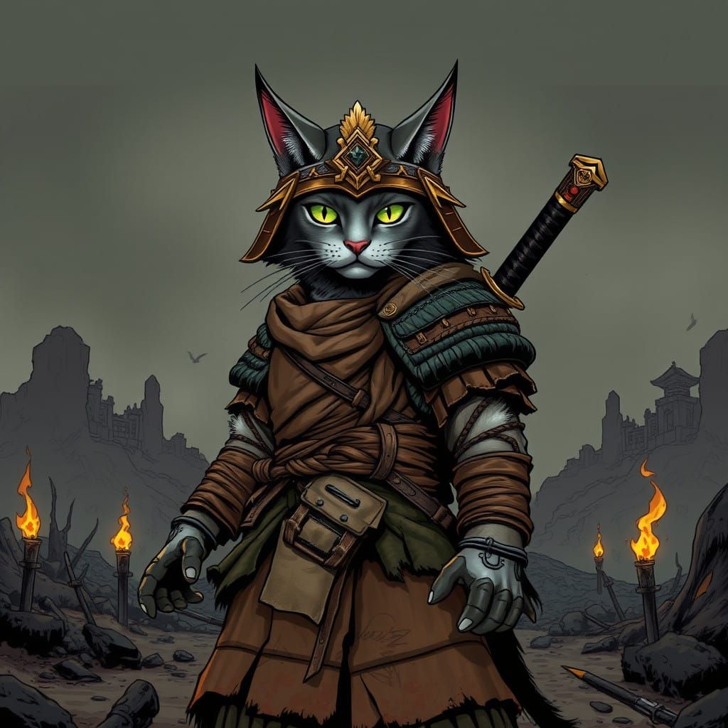 Majestic Samurai Cat in Post-Apocalyptic Ruins