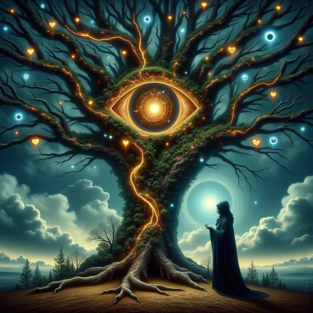 Twisted Tree of Dreams in Stormy Surrealist Landscape