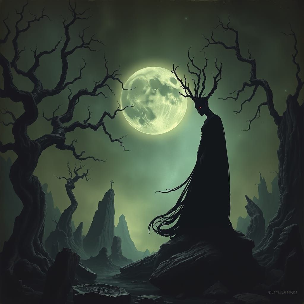Goddess of Night and Darkness in a Haunting, Twisted Landsca...