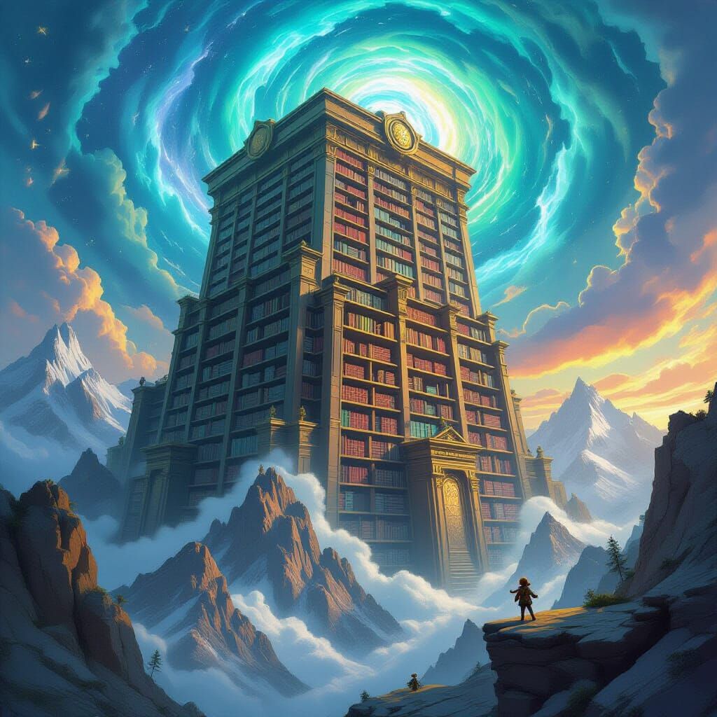 Colossal Ancient Library on Mountain Range in Cosmic Sky