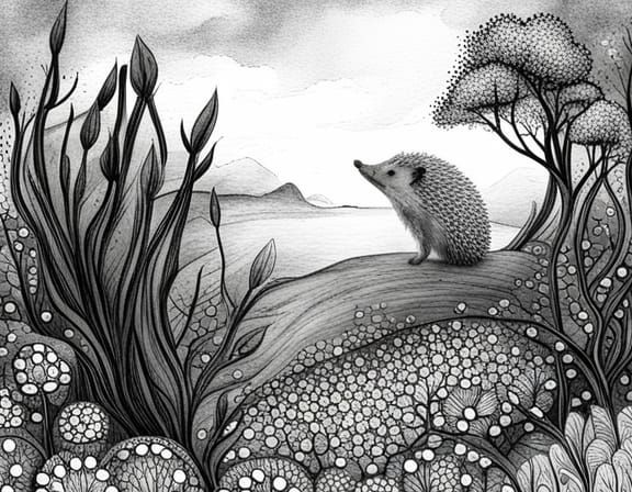 Hedgehog's Summer Dream: Ink Drawing in Black and White