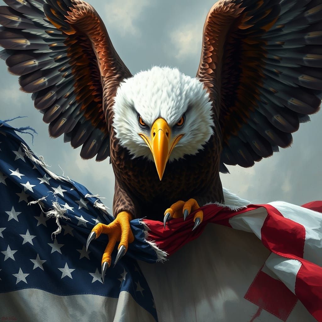 Cyberpunk Eagle Tears Through Tattered American Flag