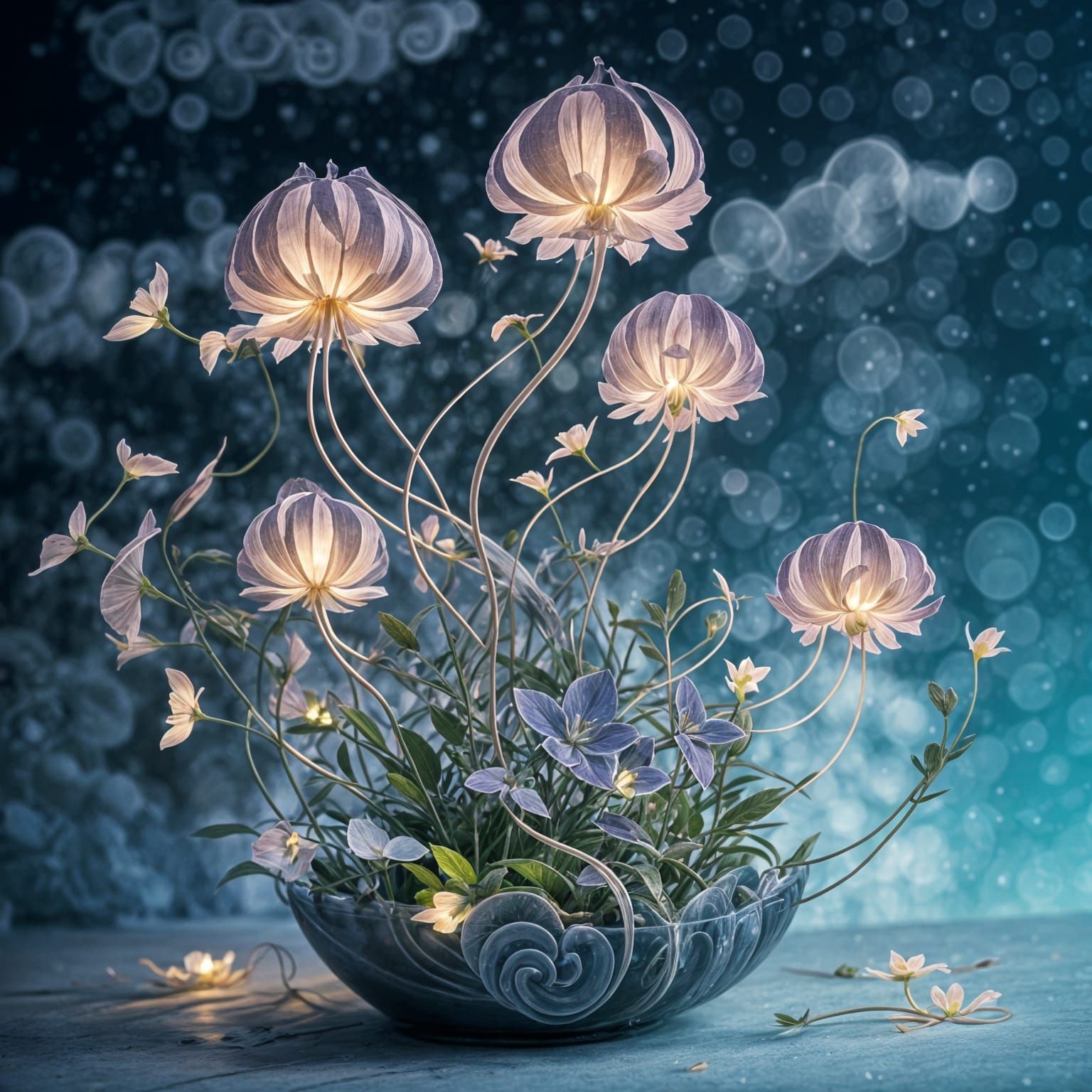 Ethereal Plant Blooms in Twilight Sky with Luminous Petals