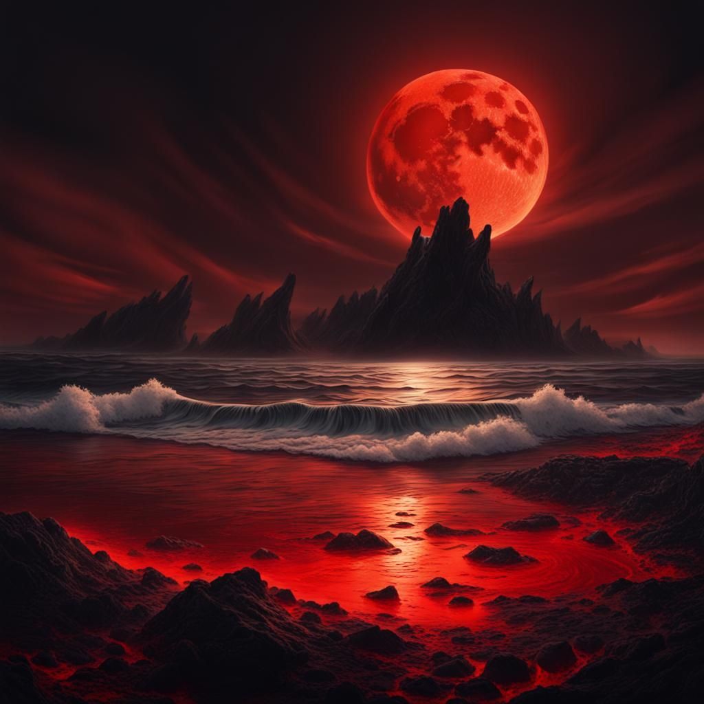 Ominous Red Moon Over Hellfire Beach