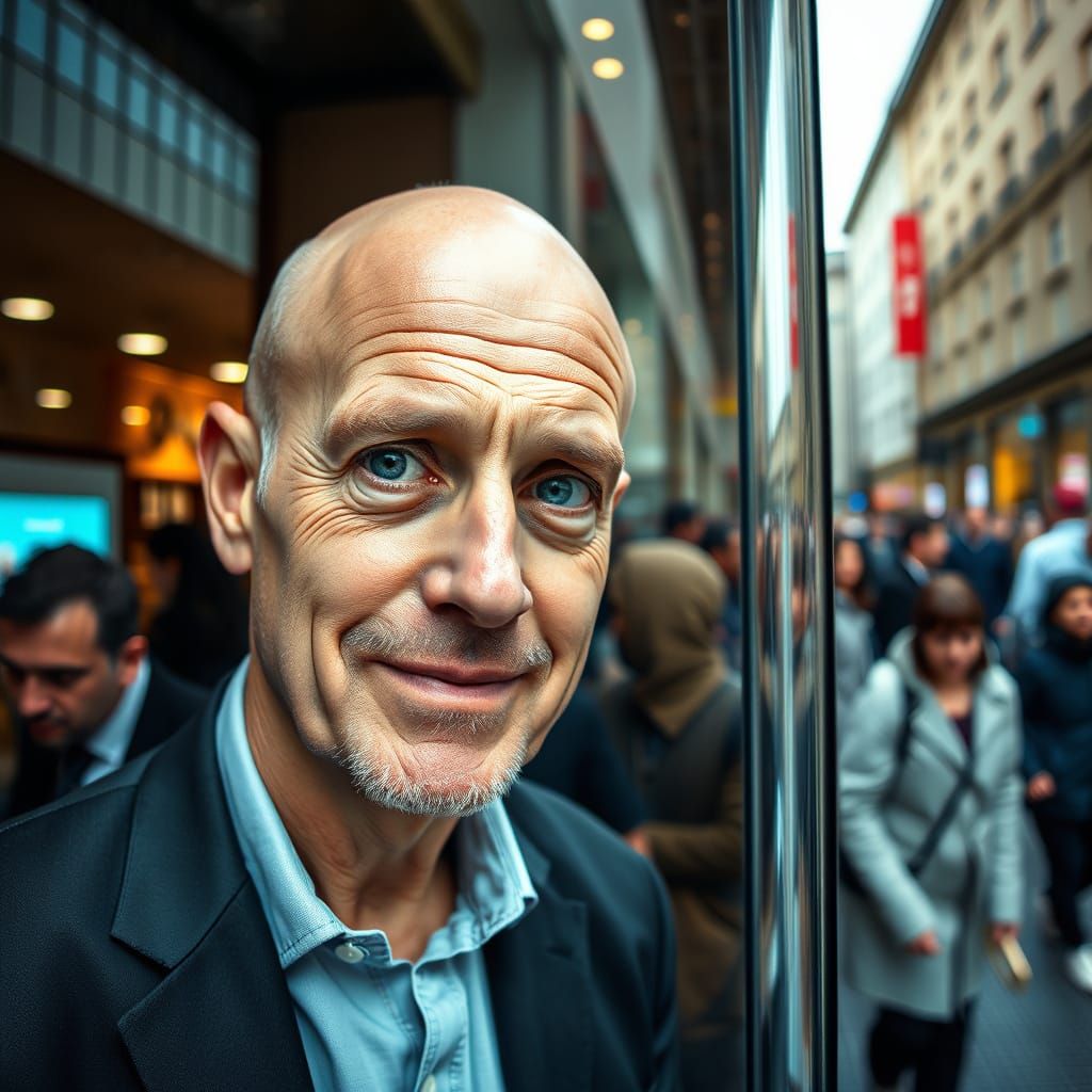Man in Suit Reflected in City Shop Window