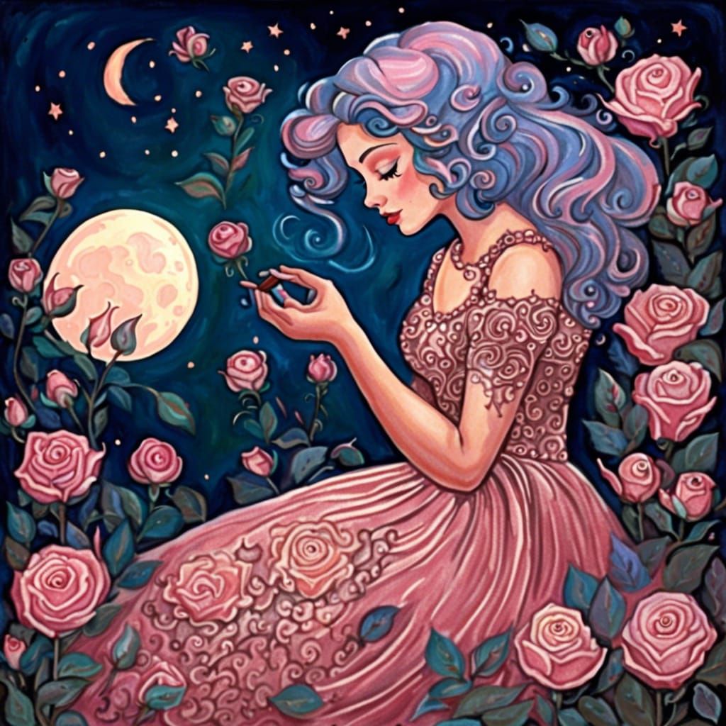 Blue-Haired Girl in Rose-Gold Gown at Twilight