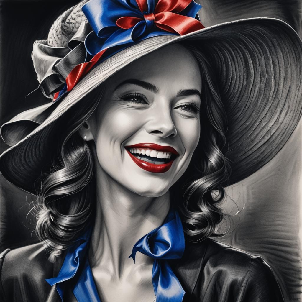 Laughing Woman in Hat: Charcoal Fashion Illustration