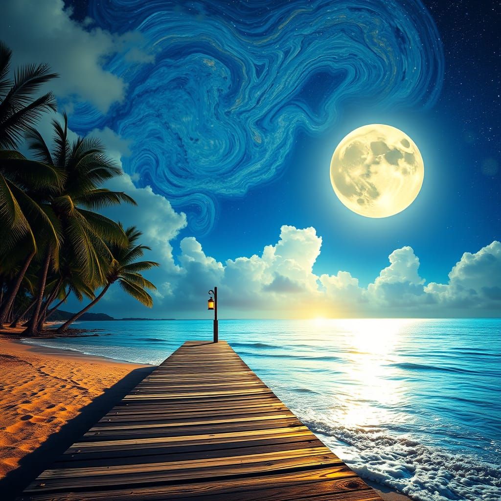Surreal Starry Night Beach Pier in Van Gogh Style