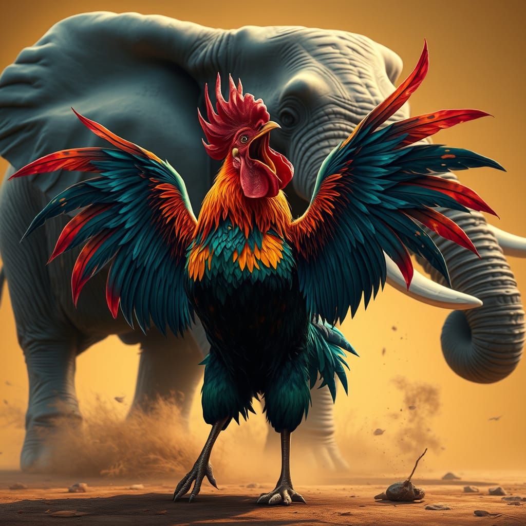 Vibrant Rooster Stands Tall Against Charging Elephant