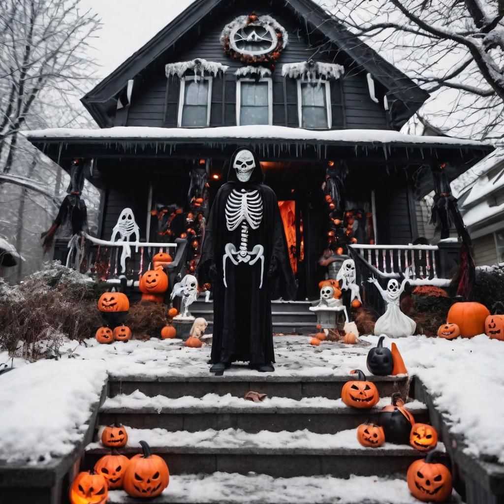 Sinister Halloween Decorations Linger into Snowy Christmas