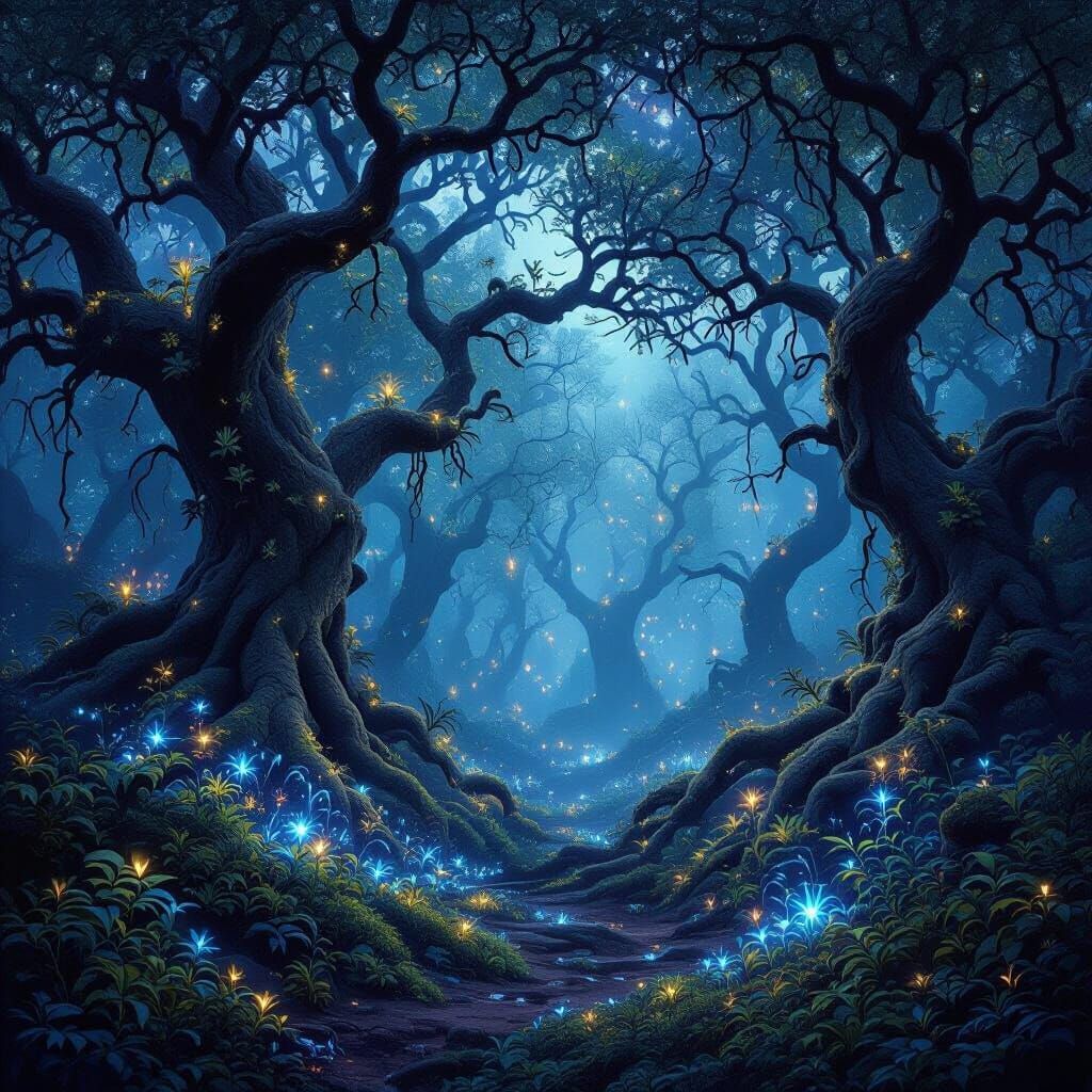 Mystical Forest with Ethereal Ground Lights