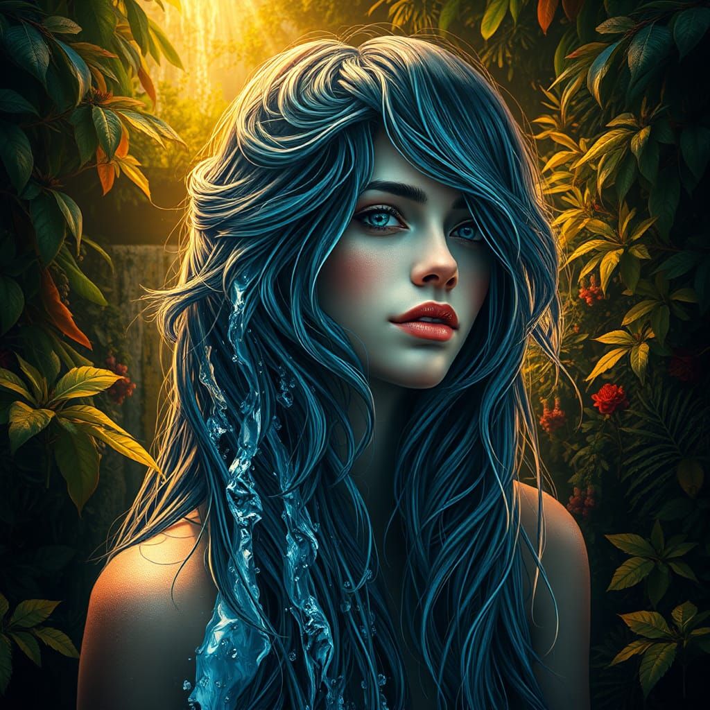 Waterfall Woman: An Art Nouveau Splash Art Portrait