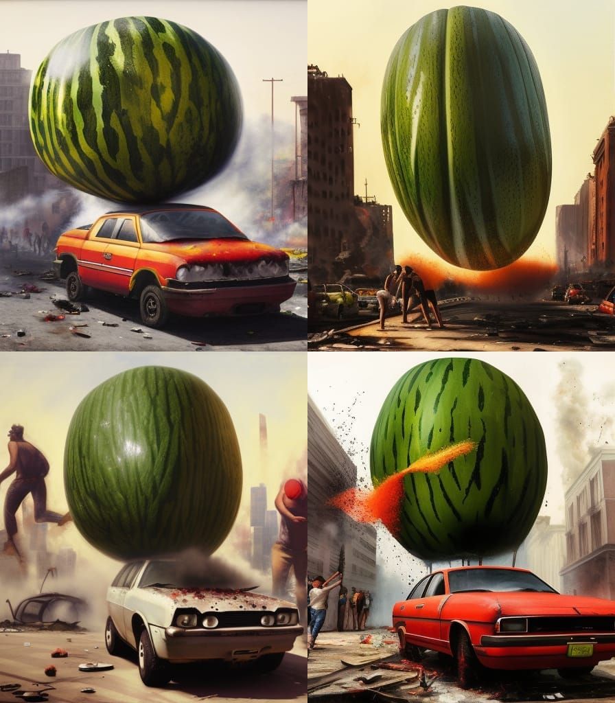 Attack of a giant killer  (gigantic melon), smoke and destruction, tomato splatters all over, flattened cars, destroyed ...