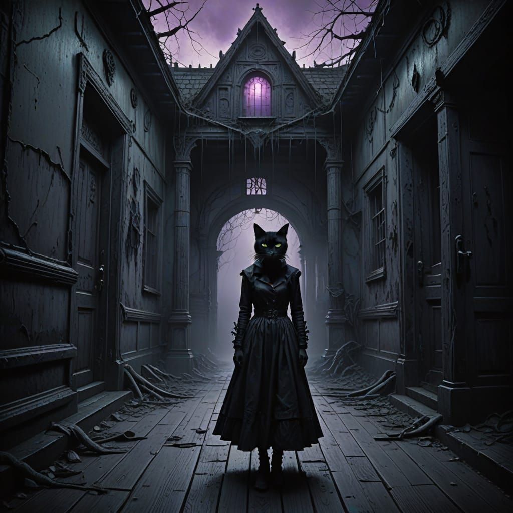 A surreal gothic scene inside an abandoned, decayed house with wooden floors and cracked walls. A woman with long flowin...