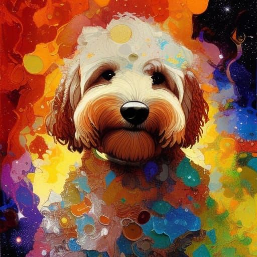 Golden Doodle Among Stars: Impasto Digital Art