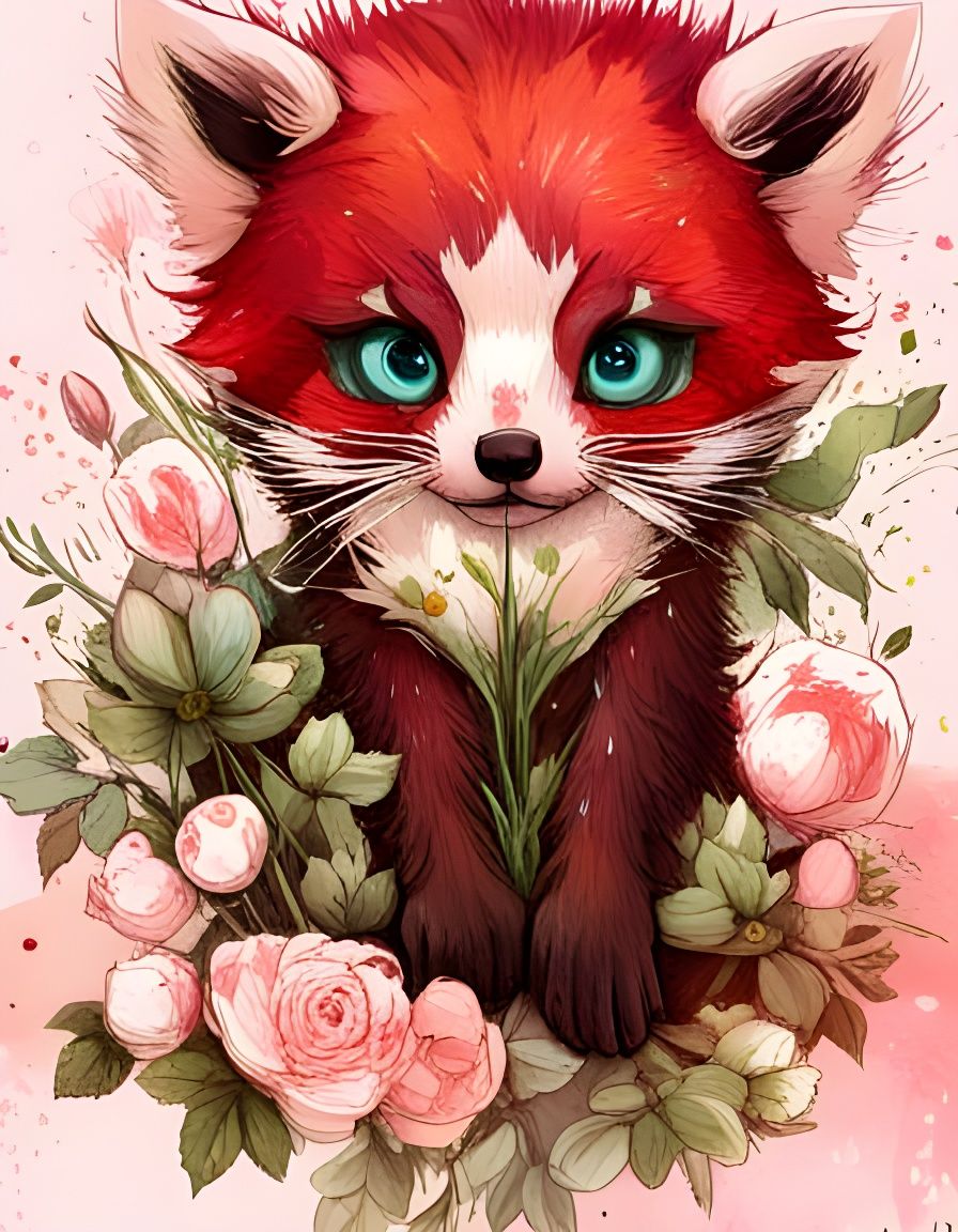 Adorable Red Panda Cub in Floral Setting