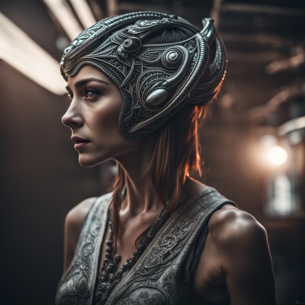 Woman with Alien Headband in Hyperrealistic Style