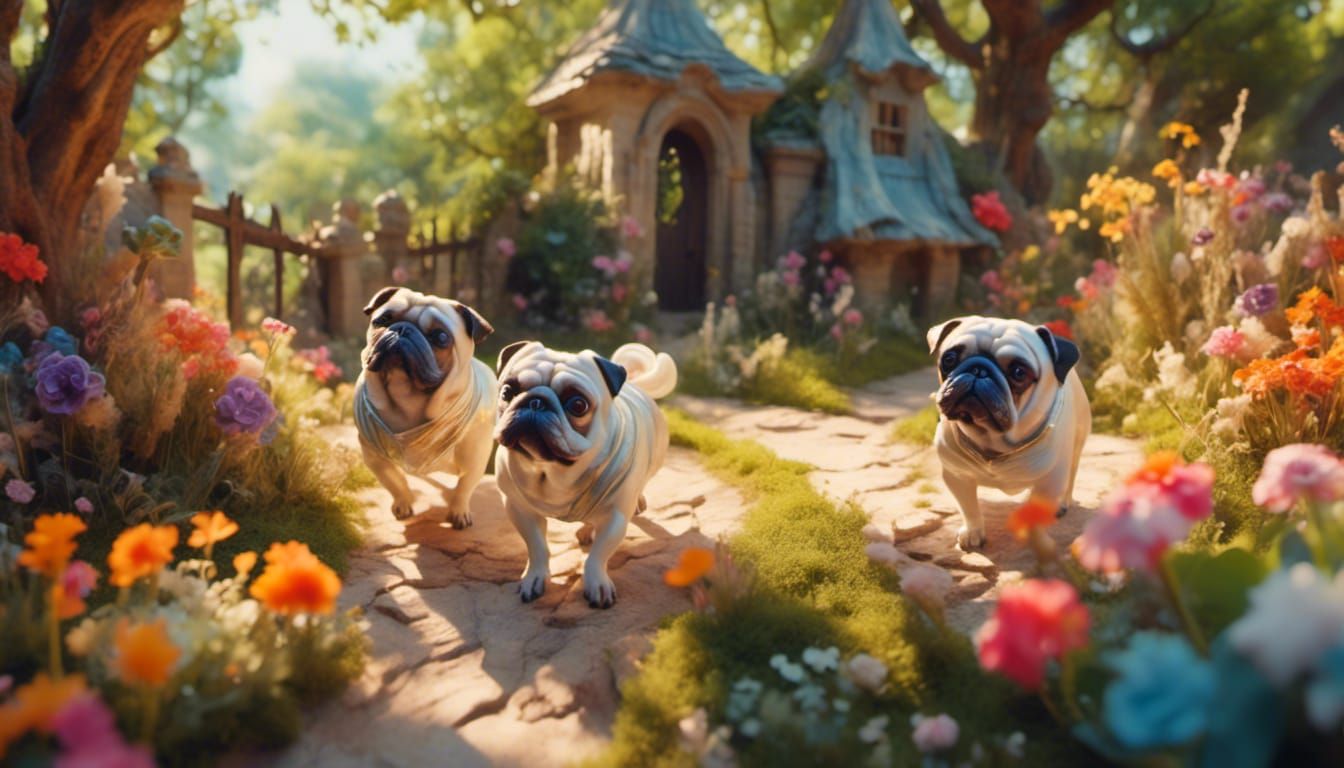 Pugs in a Sunny Garden: Digital Pet Portrait