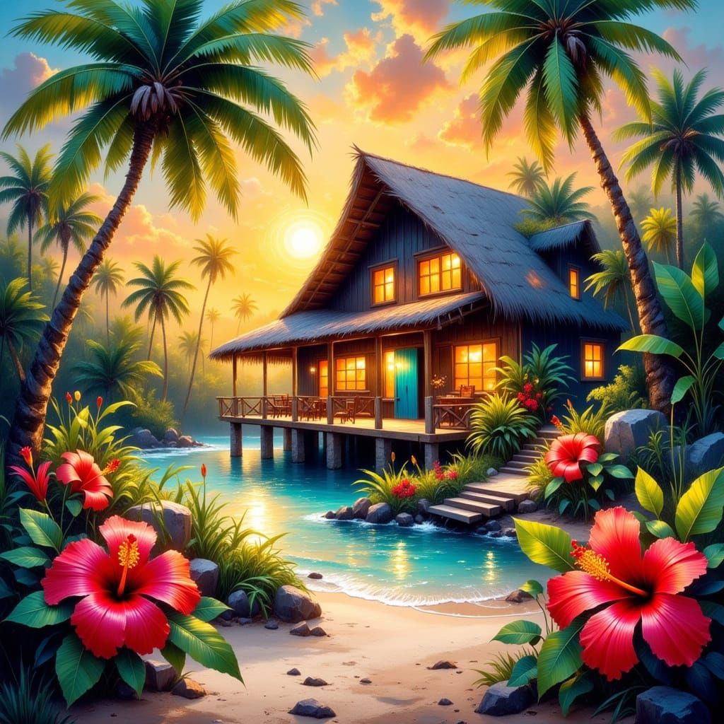 Tropical Beach Cottage Painting in Impressionist Style