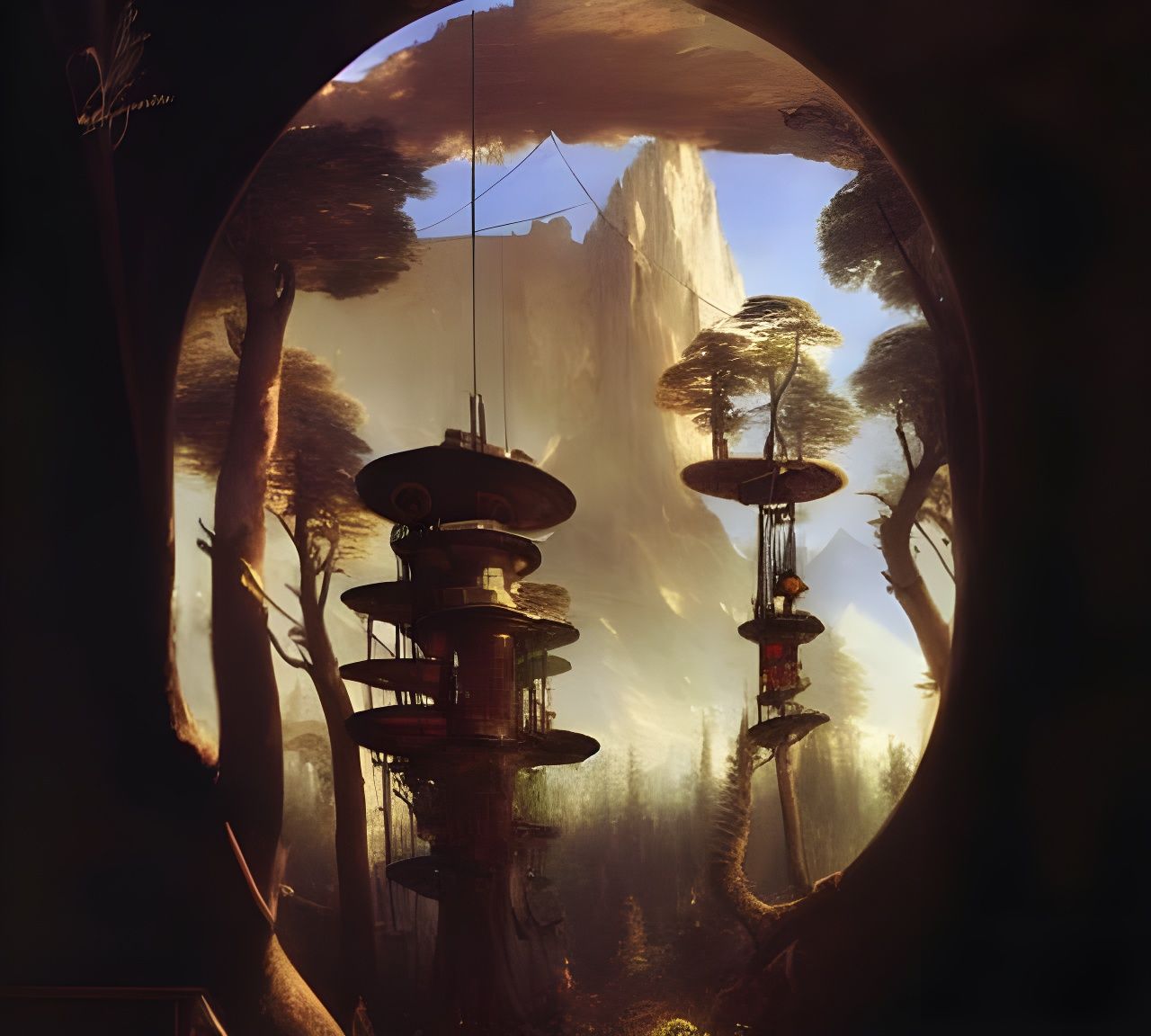 Steampunk Treehouse in Conifer Forest, Surreal Digital Art