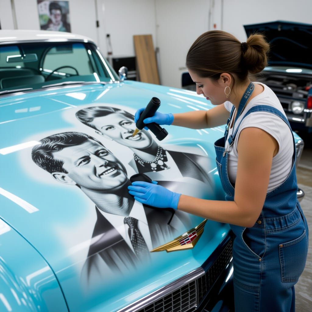 Woman Airbrushing JFK on Cadillac