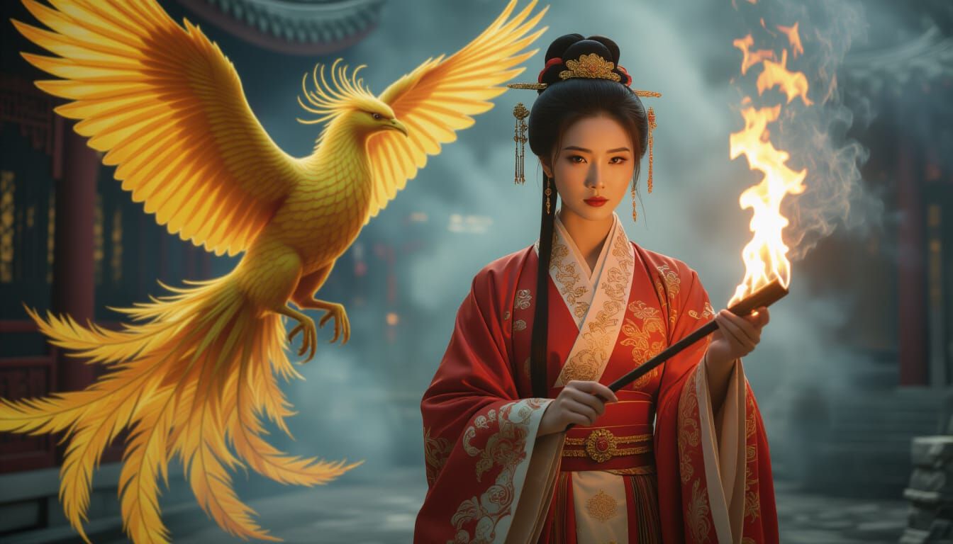 Chinese Woman with Phoenix in Cinematic Style