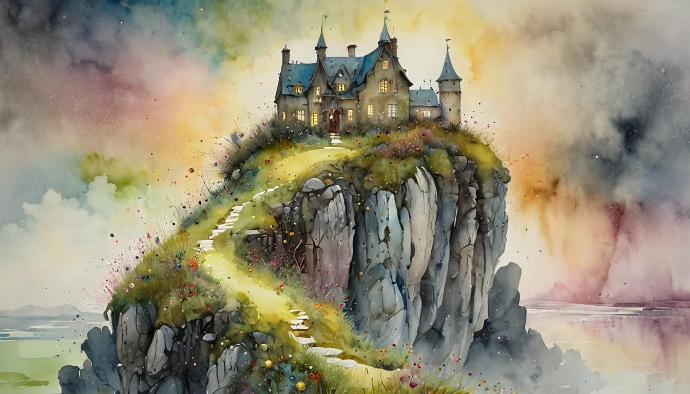 Expansive Cliffside Eyrie in Wet Wash Watercolour