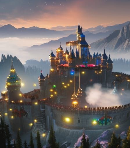 Fantasy Castle Fireworks in Volumetric Lighting