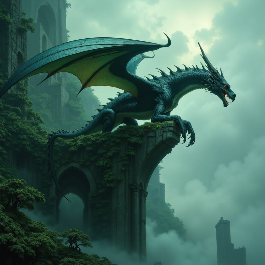 Dragon Roaring Over Misty Forest Ruins at Dawn