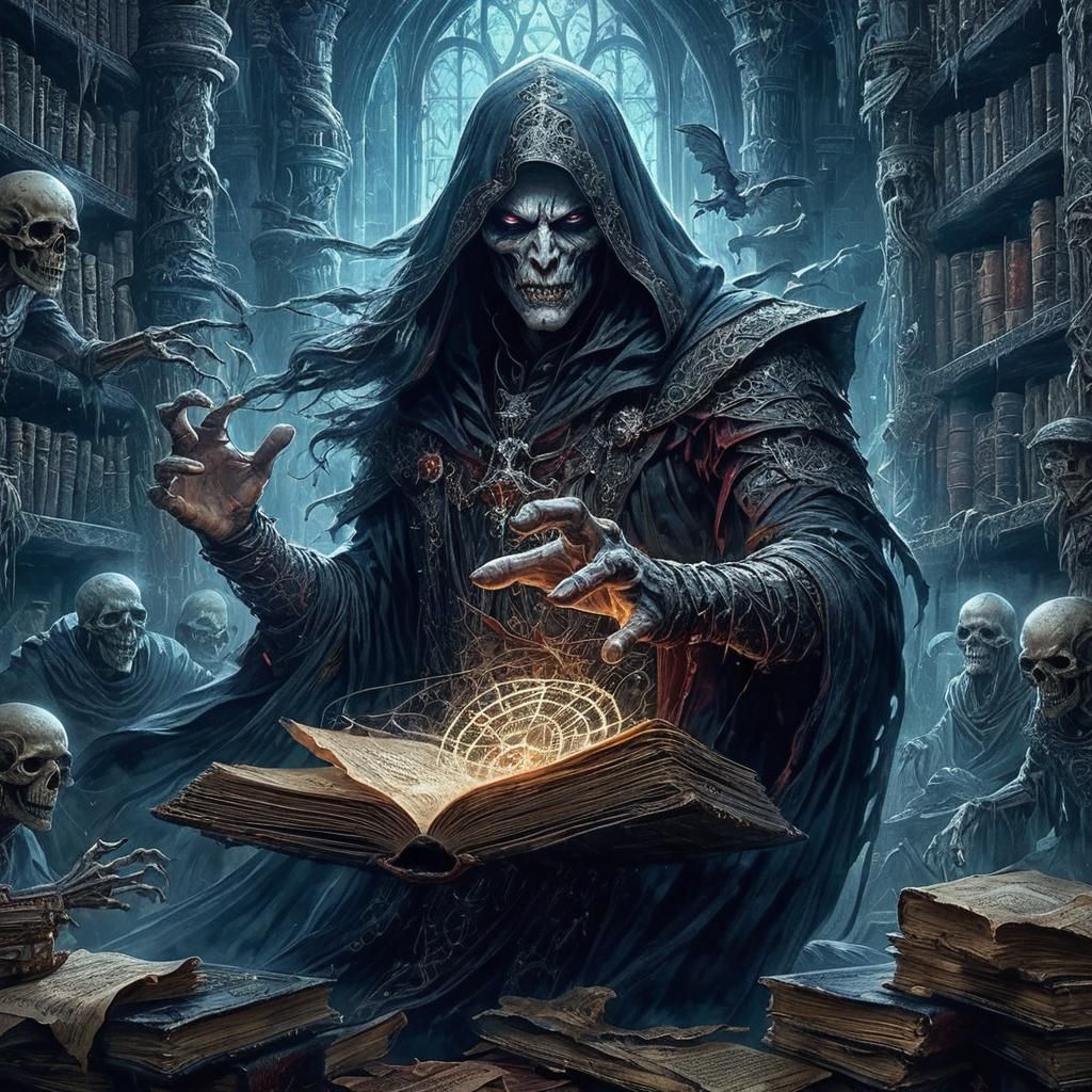 Powerful Necromancer Weaving a Spell in Dark Lair