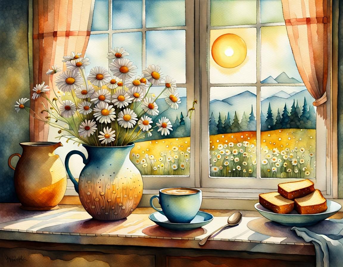 Watercolor Still Life with Daisies and Morning Light