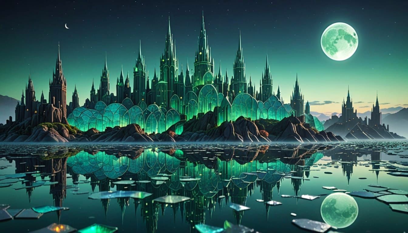 Fantastical Sea Glass Cityscape Under Moonlight