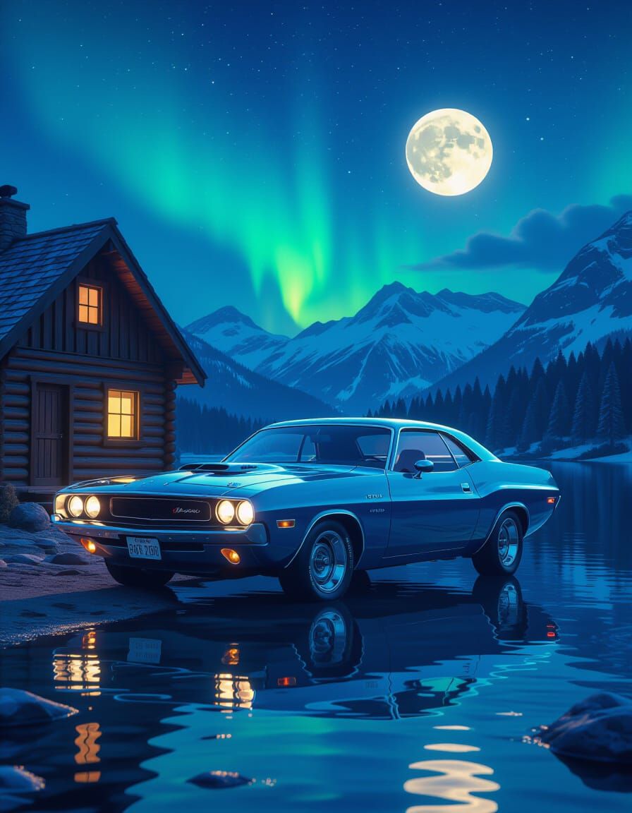 Dodge Challenger by Mountain Lake Under Aurora Borealis
