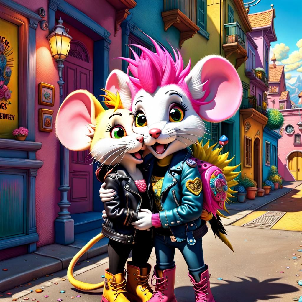 Punk Mouse Couple's Electric Dream: 3D Digital Art