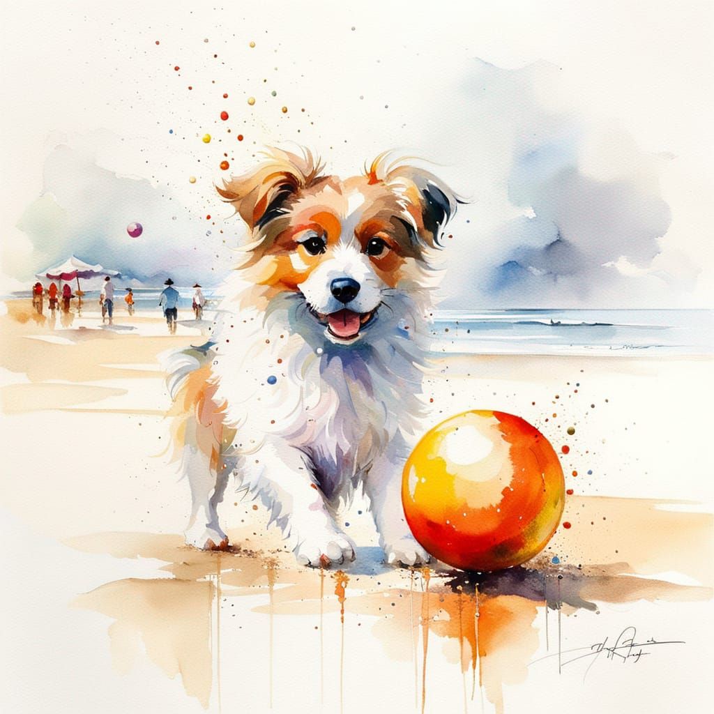 Cute Dog Playing at the Beach in Watercolor