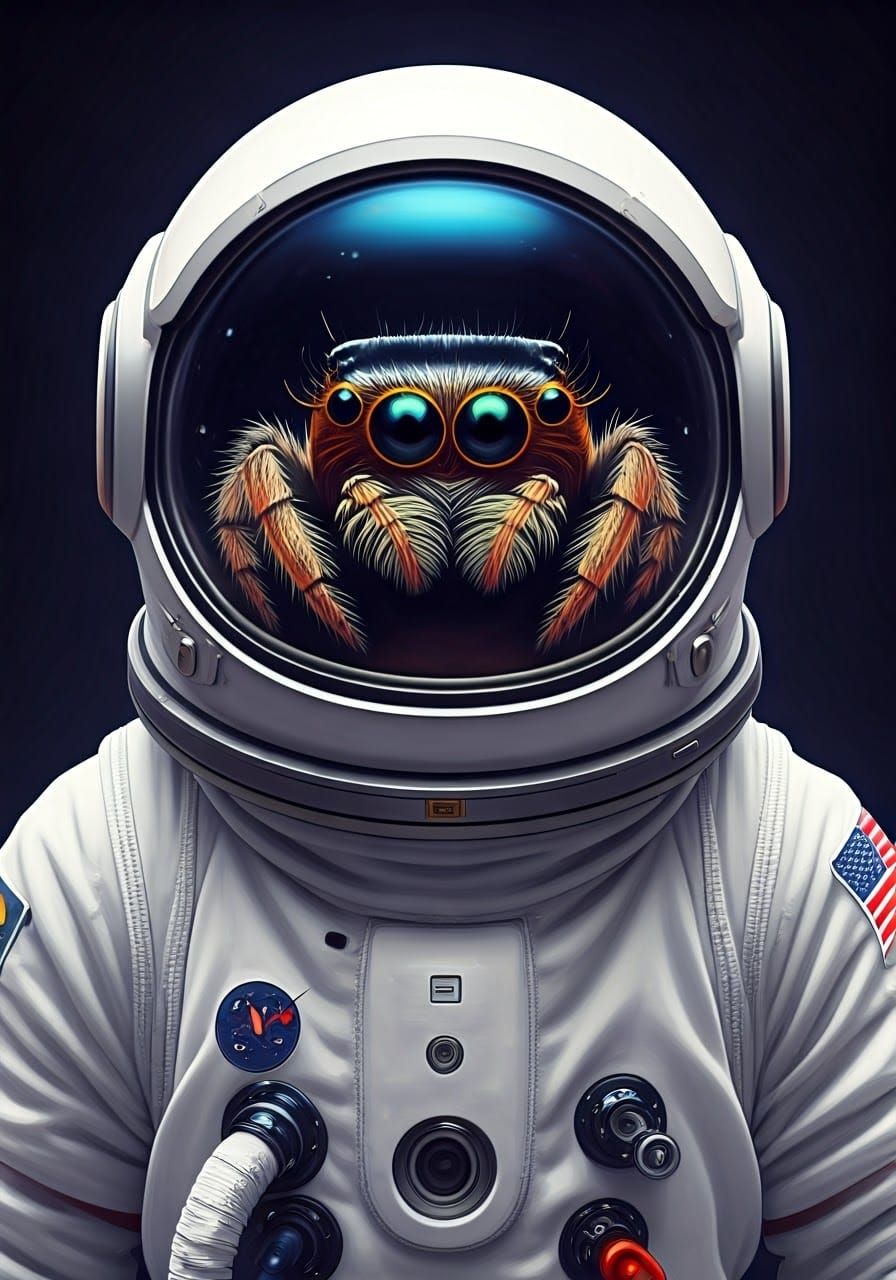 Astronaut Meets Tiny Space Spider in a Vibrant, Textured Art...