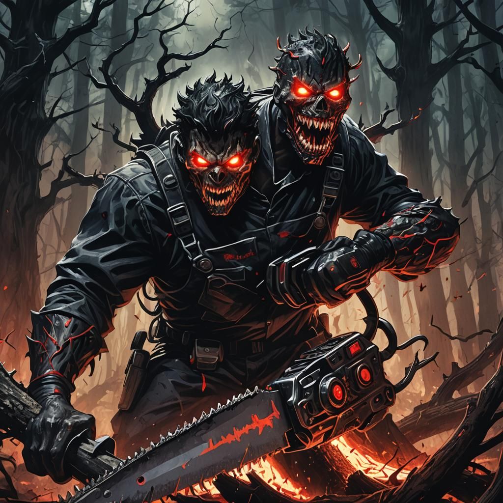 Menacing Chainsaw Character in Dark Fantasy Illustration