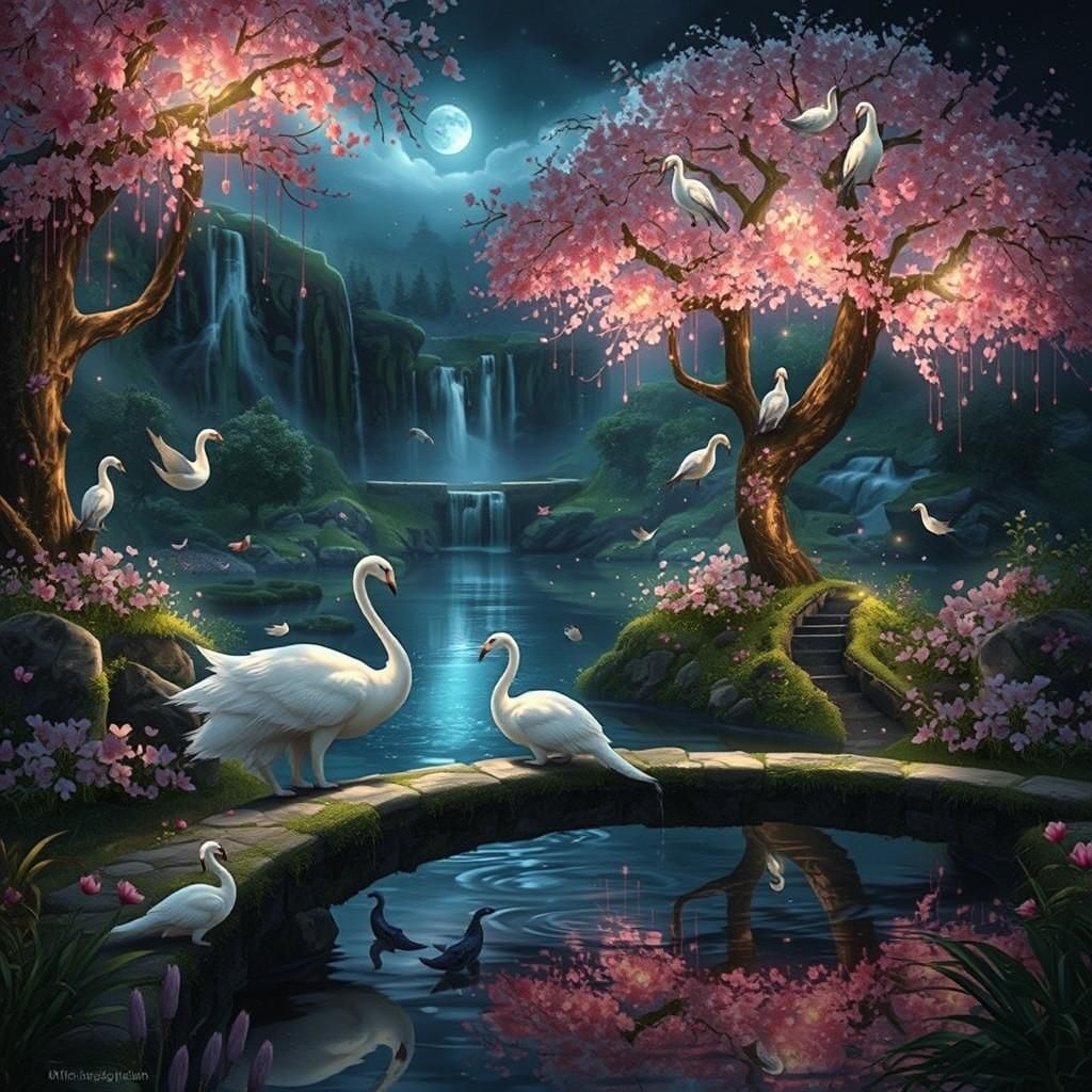 Magical Forest Paradise with Swans and Blossoms