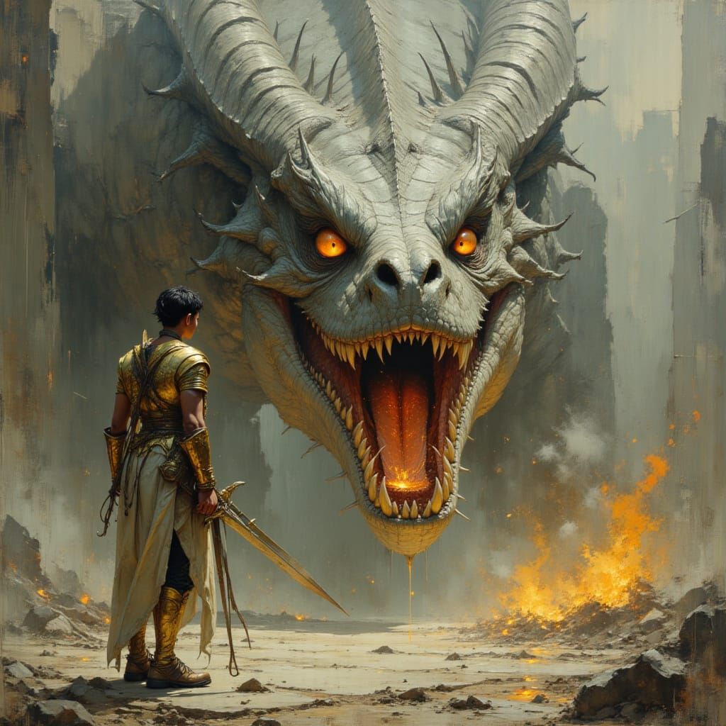Warrior God vs Dragon in Hyperrealistic Oil Painting