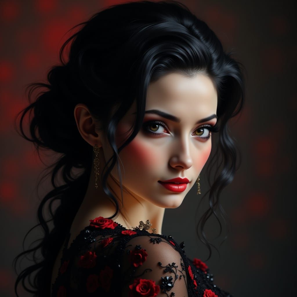 Ethereal Raven-Haired Woman in High Fashion