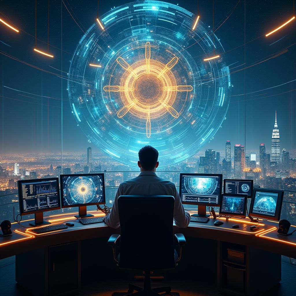 Marketing Strategist Controls Futuristic Machine in Neon Cit...