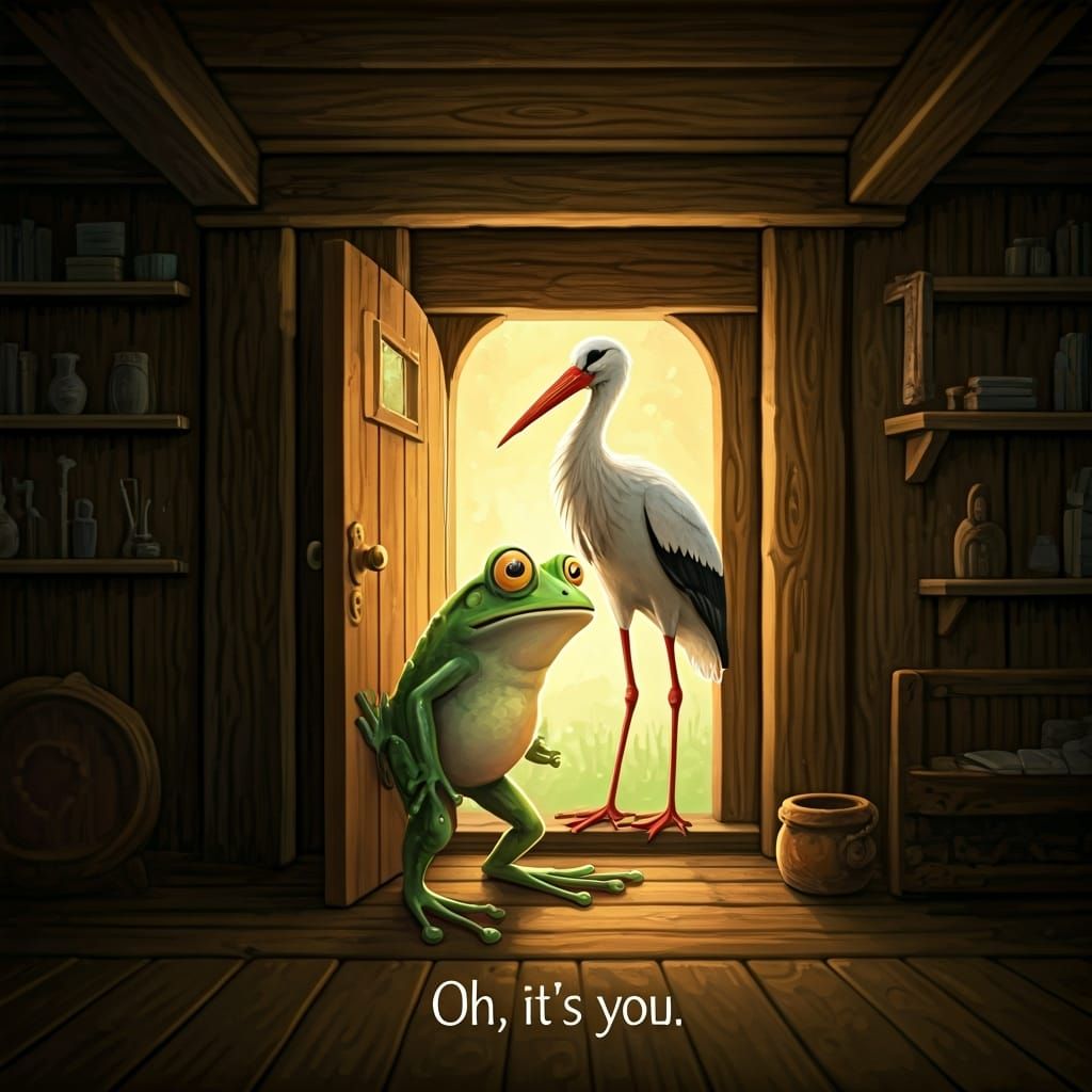 Surprised Frog Illustration: Stork at the Door