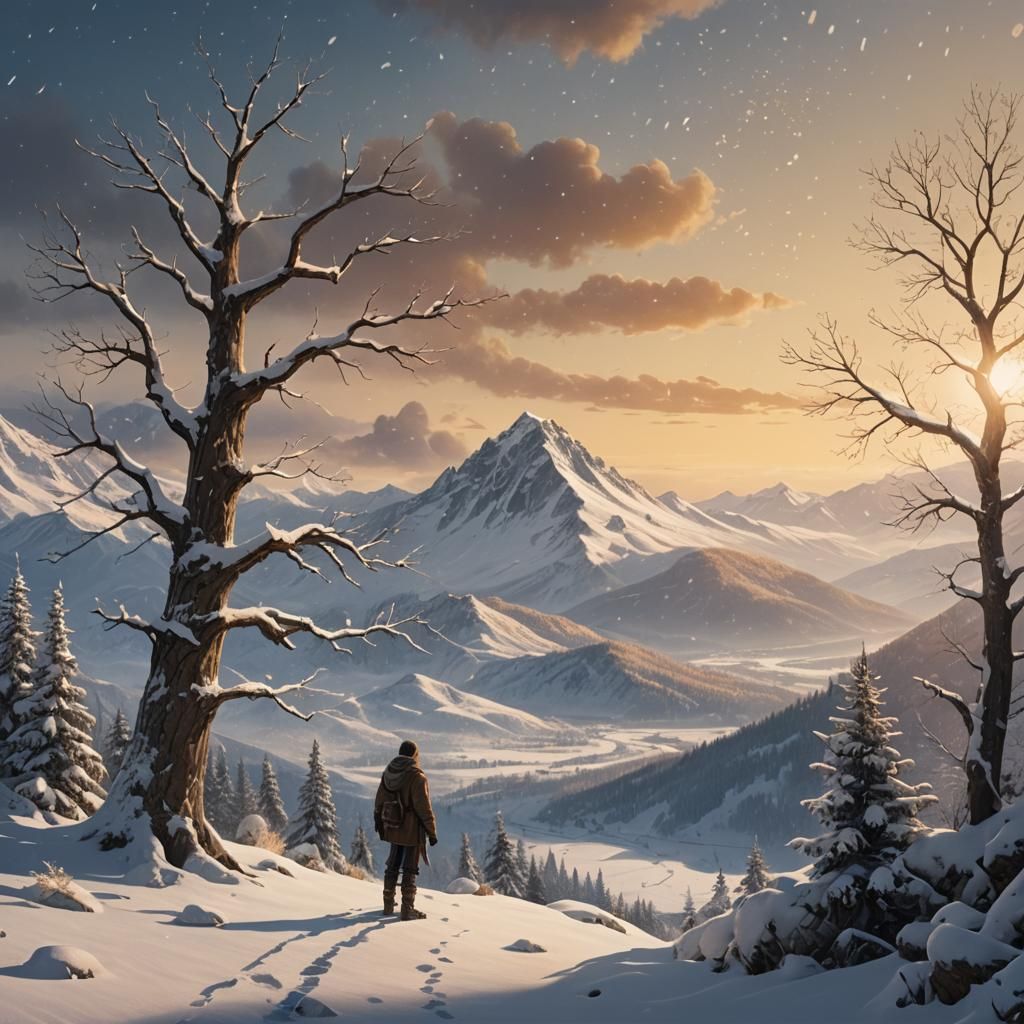Boy on Snowy Mountain at Dawn, Matte Painting