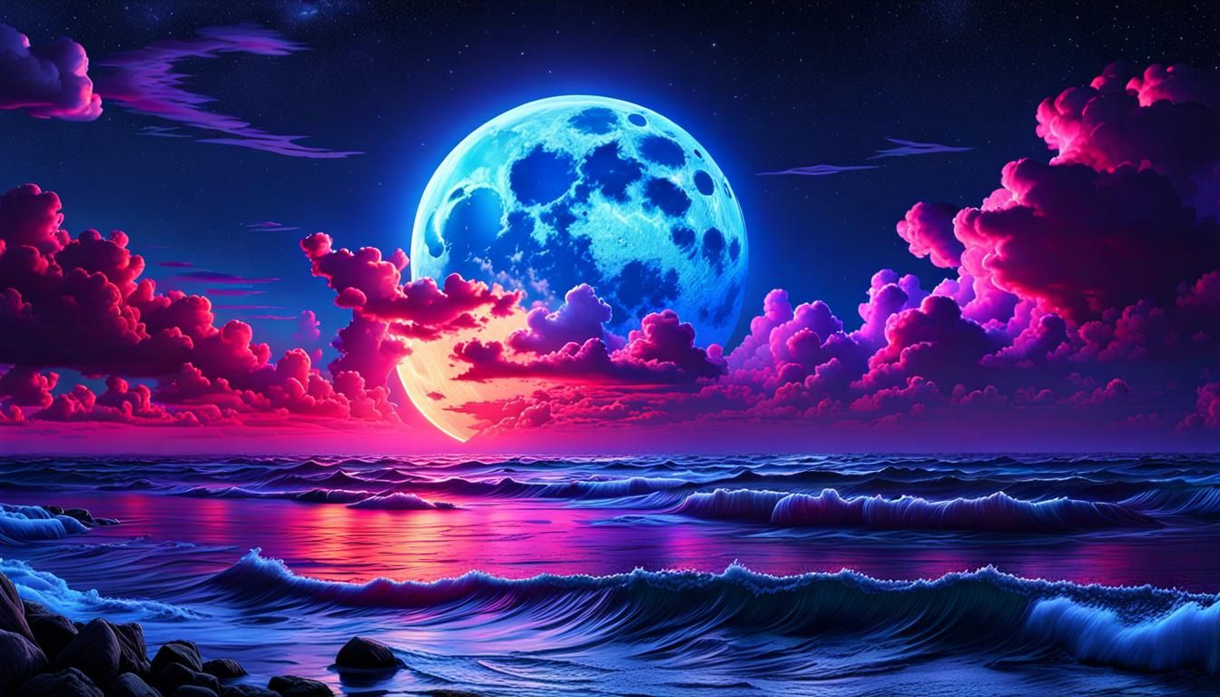 Neon Lights on Moonlit Seas in Vivid Colors