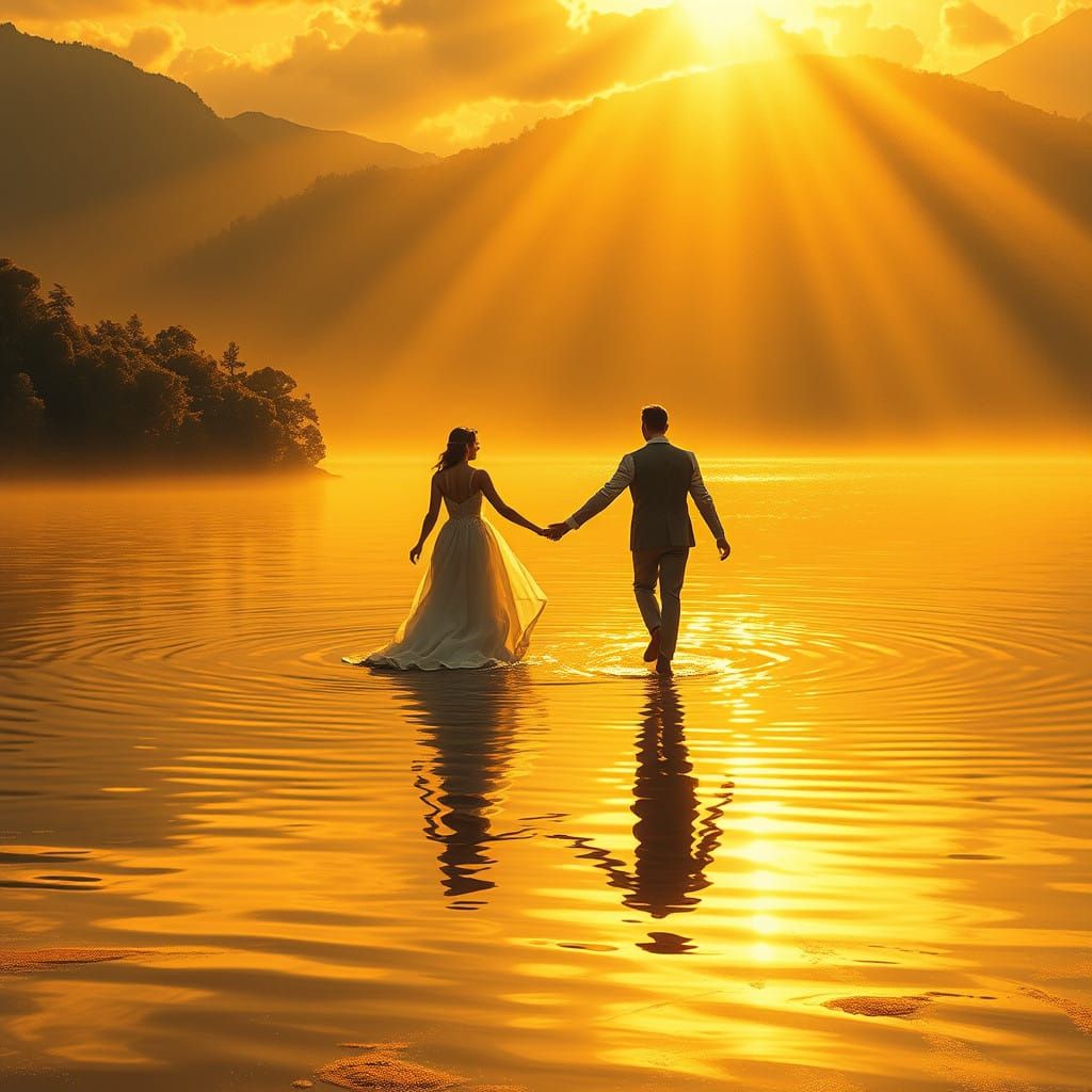 Regal Couple Walking on Liquid Gold