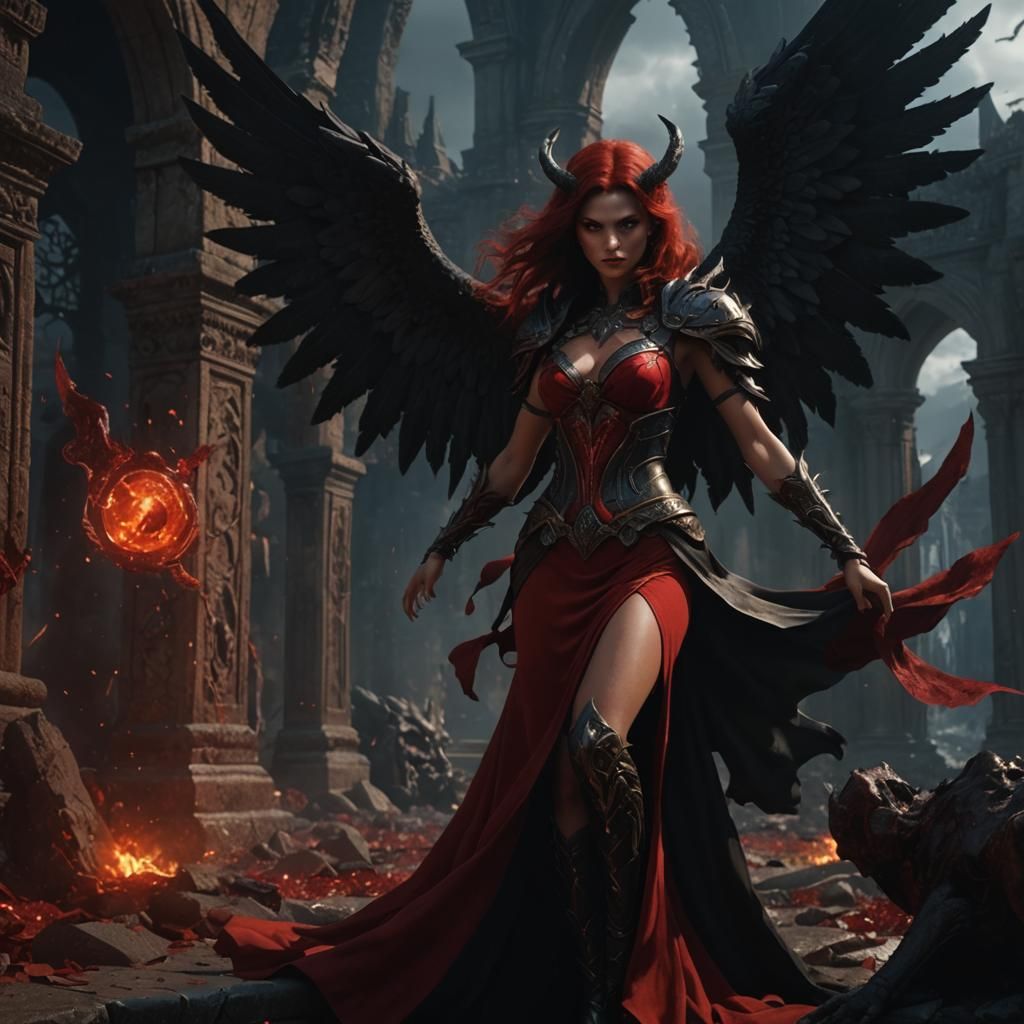 Fallen Angel Sorceress in Red Dress: Fantasy Art