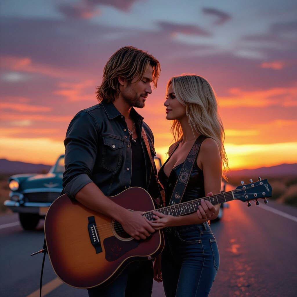 Romantic Rock Ballad Couple on Empty Road at Sunset