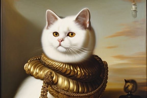 Baroque White Cat Portrait in Oil